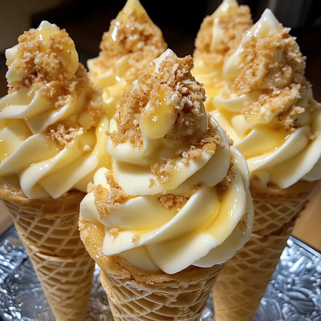 Crunchy waffle cones filled with banana pudding cheesecake layers