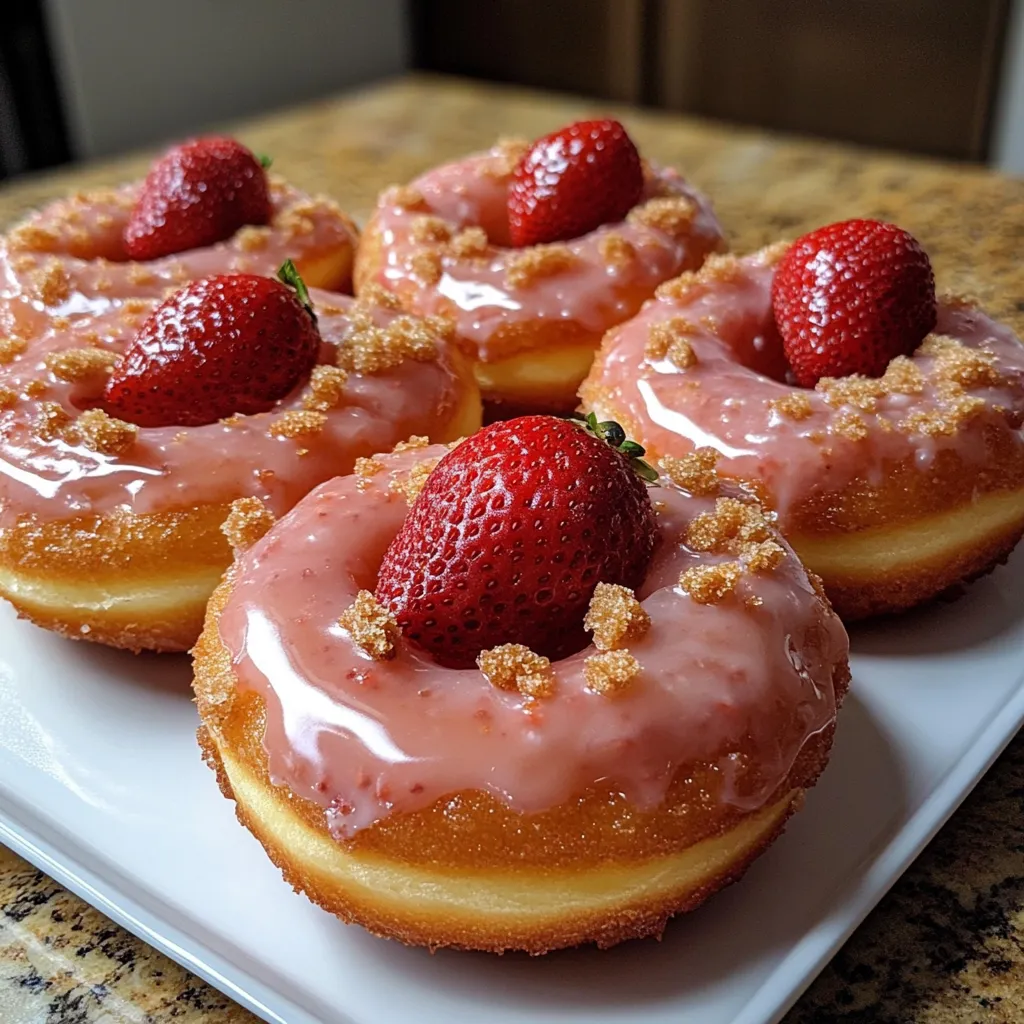 Fluffy Donuts with Strawberry Glaze and Crunch Topping