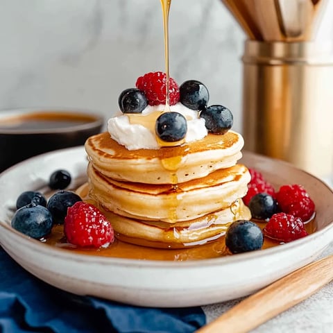 Tall stack of sourdough pancakes topped with syrup