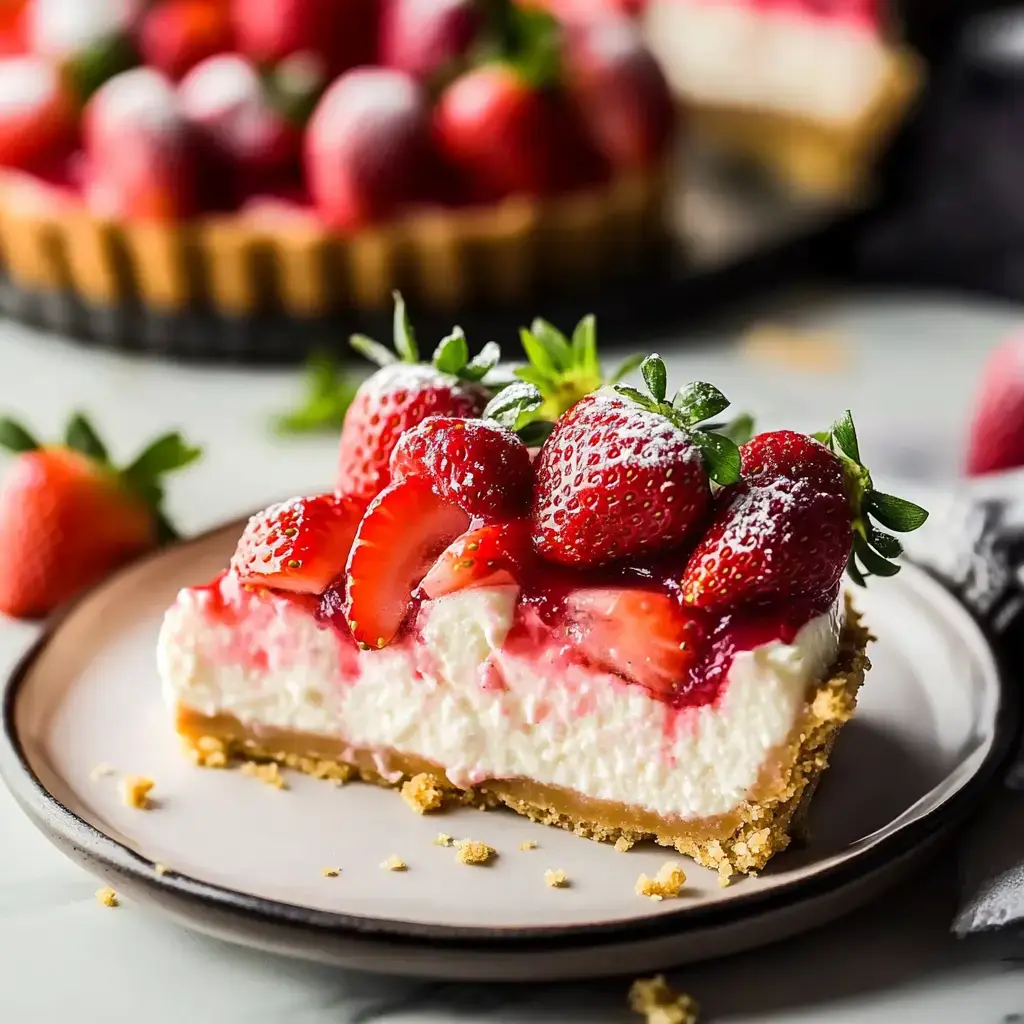 A luscious slice of strawberry cheesecake sitting on a crumbly crust, topped with shiny strawberries, with whole strawberries nearby.