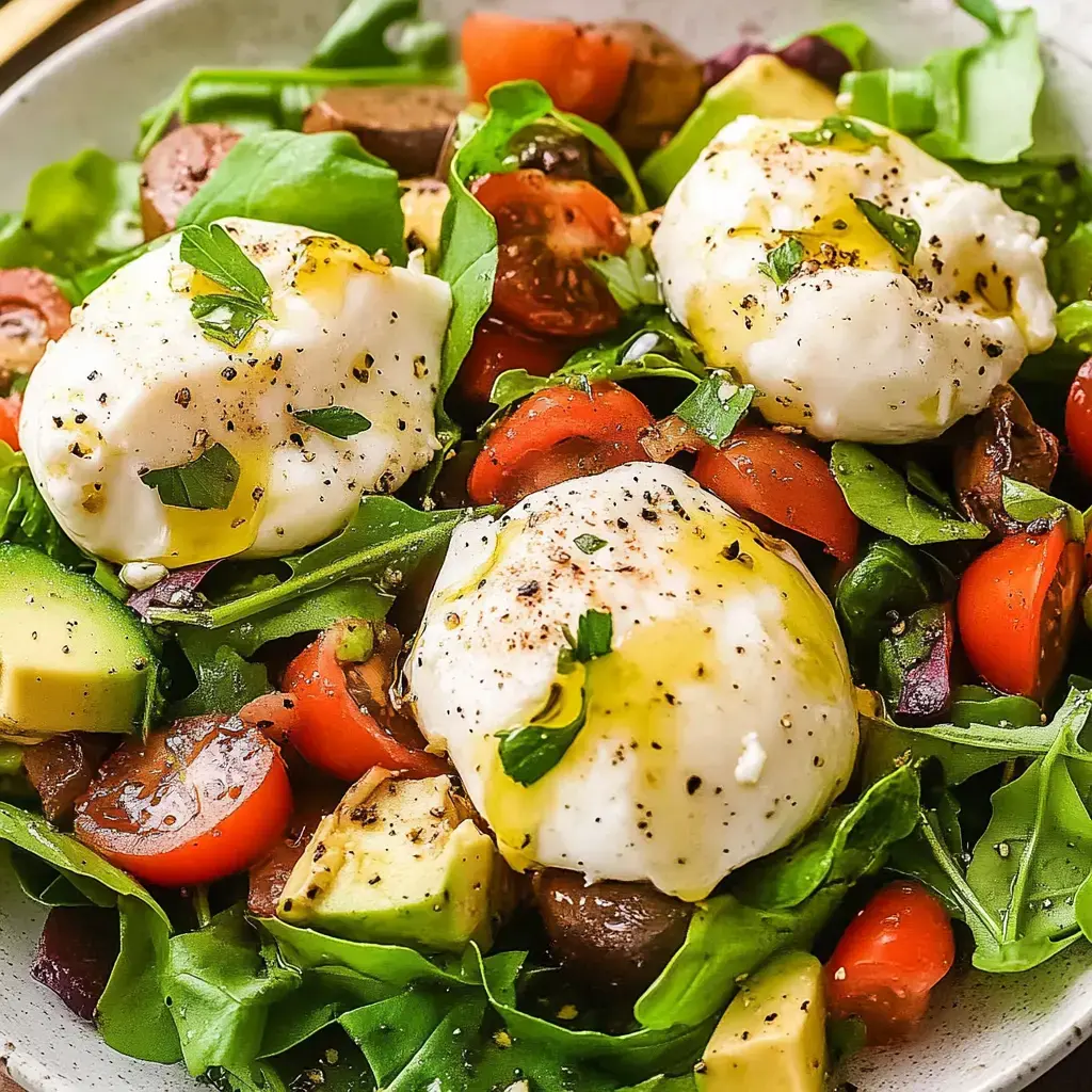 Bright greens, cherry tomatoes, avocado, olives, and soft poached eggs sprinkled with herbs and drizzled in olive oil, ready to impress.