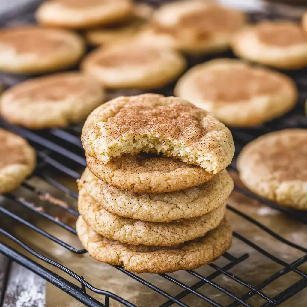 A pile of warm, soft cinnamon-coated cookies with a bite taken out of one, resting on a cooling rack.
