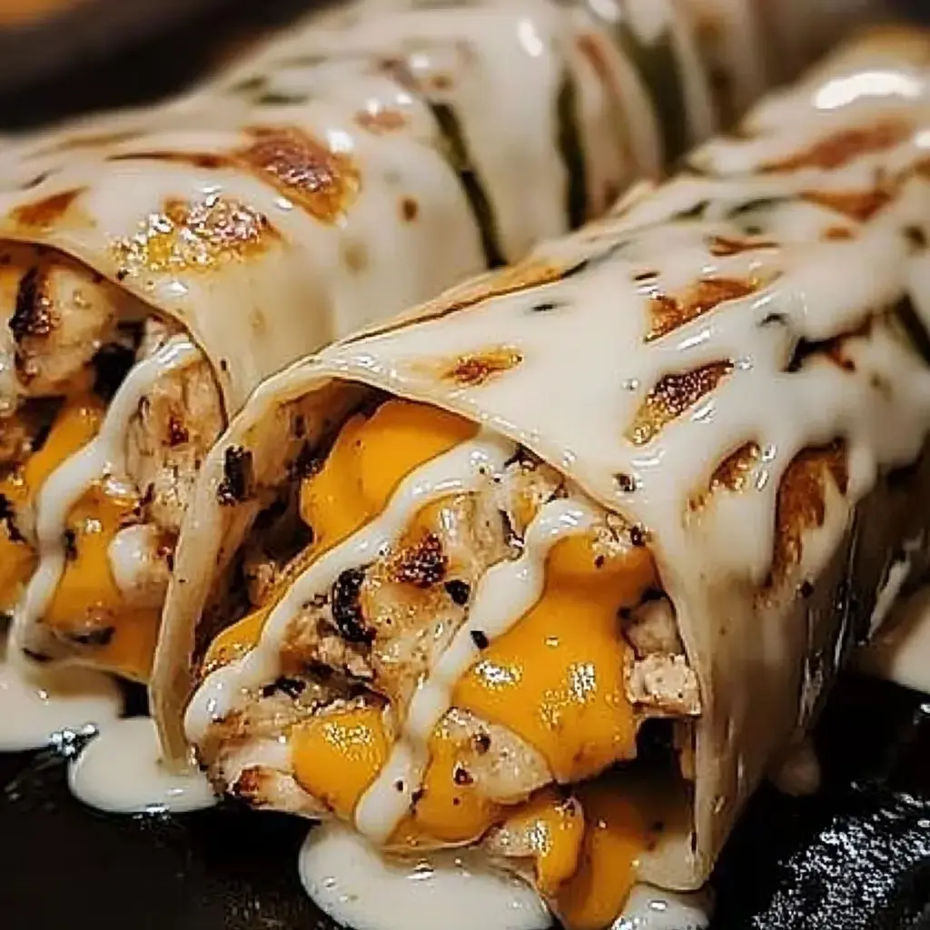 A close-up of two stuffed wraps grilled with cheese and chicken, topped with creamy sauce.