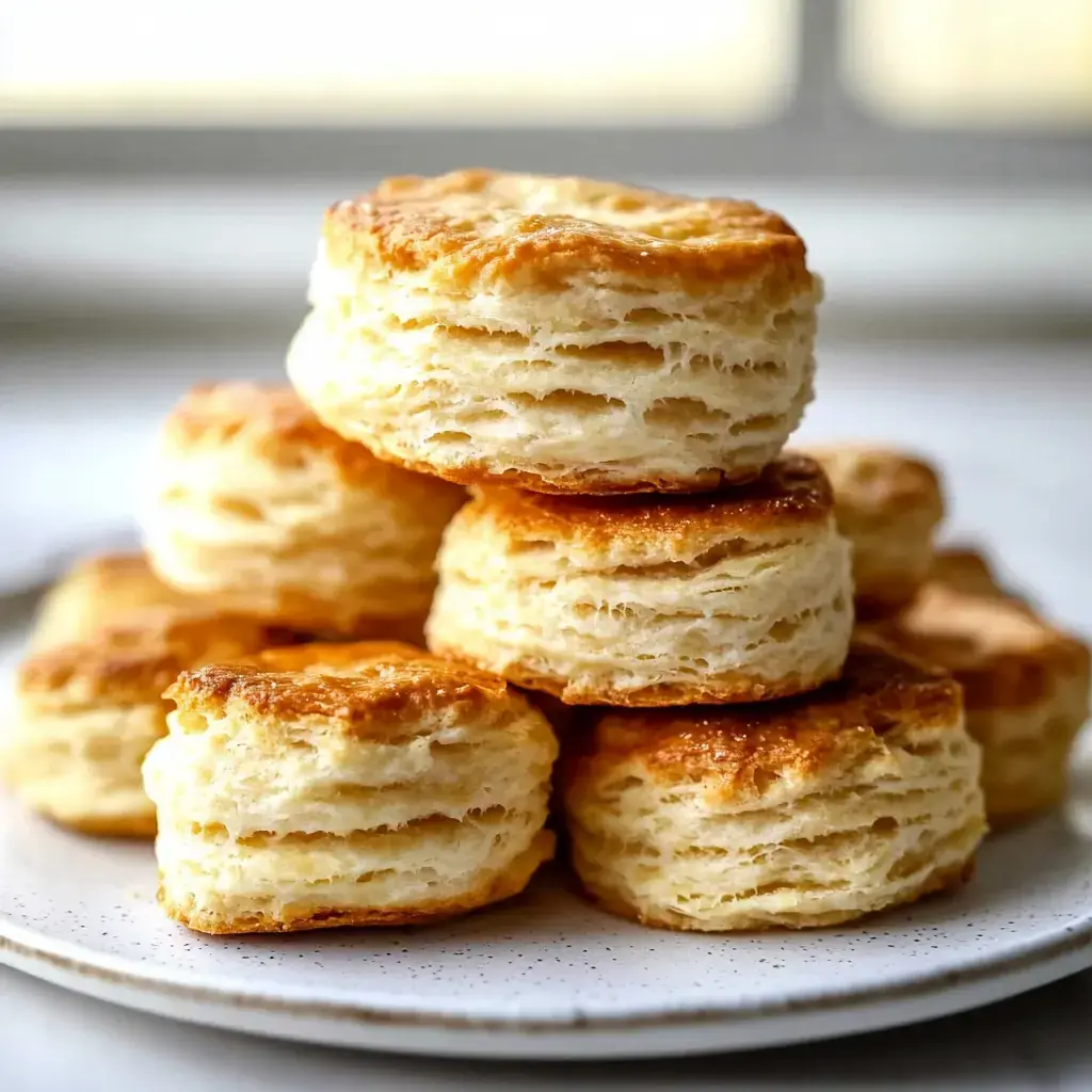 Golden, freshly baked biscuits stacked high on a white plate.