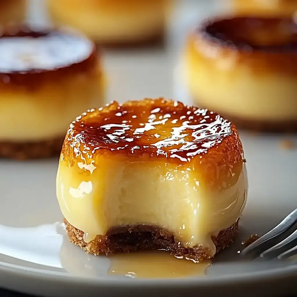 Zoomed-in view of a dessert with creamy filling and caramel topping, showcasing a bite taken out.