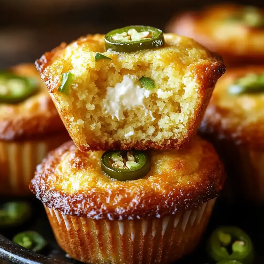 Golden-brown muffins topped with jalapeño slices, with one muffin sliced open to reveal a creamy filling.