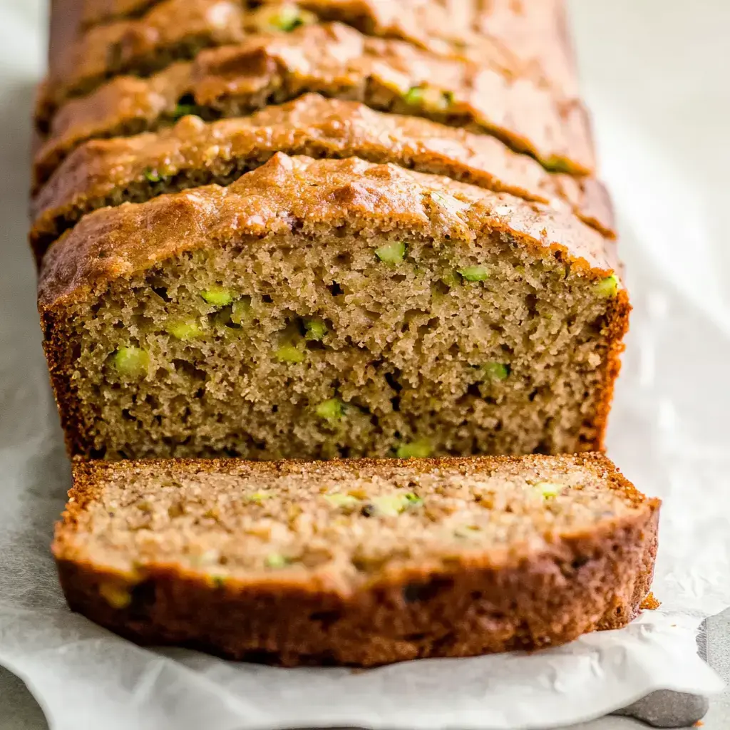 A moist zucchini loaf, freshly sliced with flecks of zucchini visible, sitting on a wooden surface.