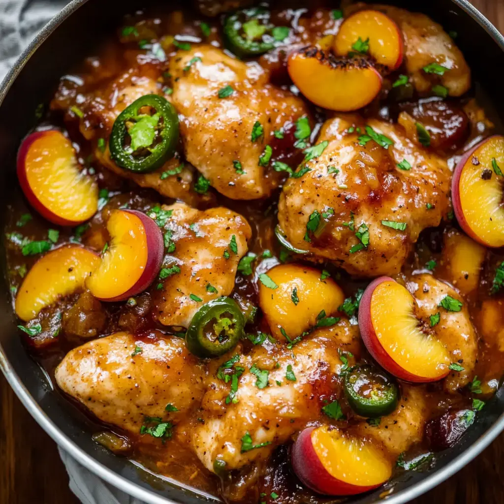 Golden-brown chicken pieces glazed with a sweet sauce, topped with peach slices, jalapeño rounds, and herbs in a skillet.