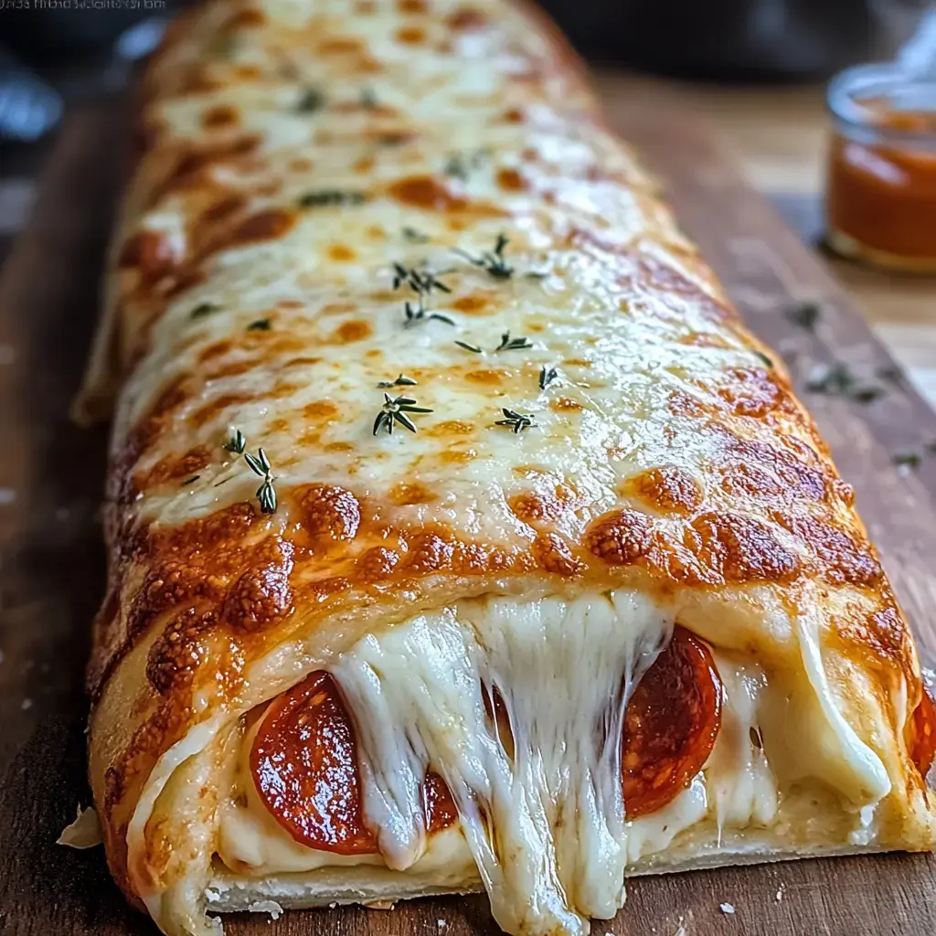 A dough roll filled with melty cheese and pepperoni, baked to golden perfection with sprinkles of fresh thyme.