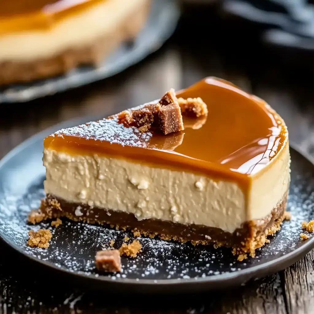 A decadent slice of creamy cheesecake on a dark dish, drizzled with caramel and toffee chunks, dusted with light powdered sugar on top.
