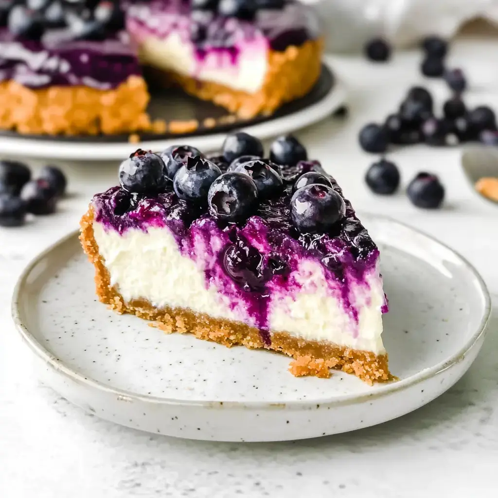 A fresh blueberry-topped cheesecake slice on a white plate, with the whole cake visible in the background.