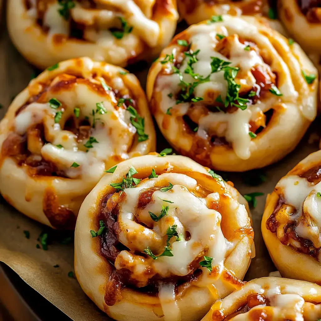 Close-up of golden, cheesy BBQ rolls garnished with parsley and a rich sauce on top.