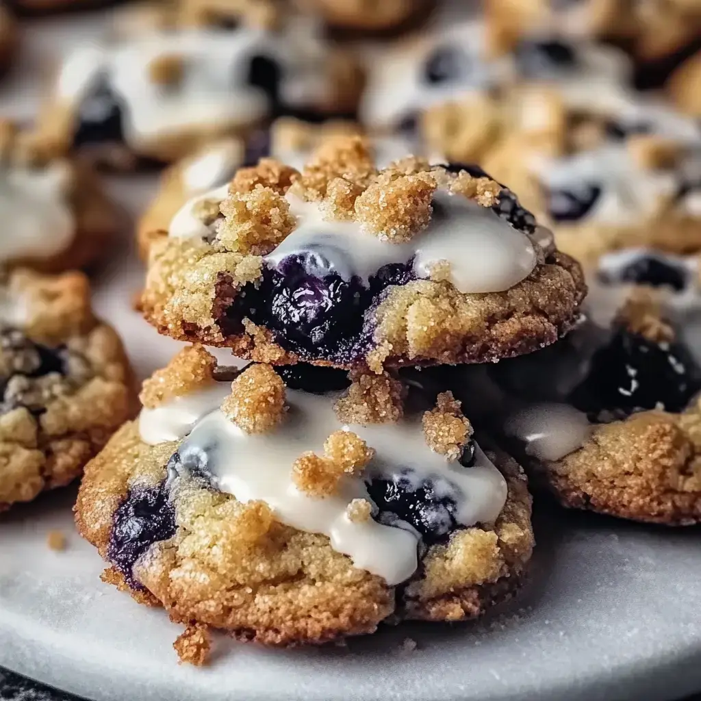 Close view of blueberry cookies with crumbly streusel and icing on top, sitting on a white dish.