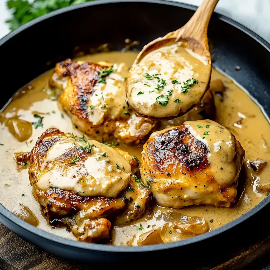 Close-up of juicy chicken thighs smothered in gravy, sprinkled with fresh herbs, served in a dark dish.