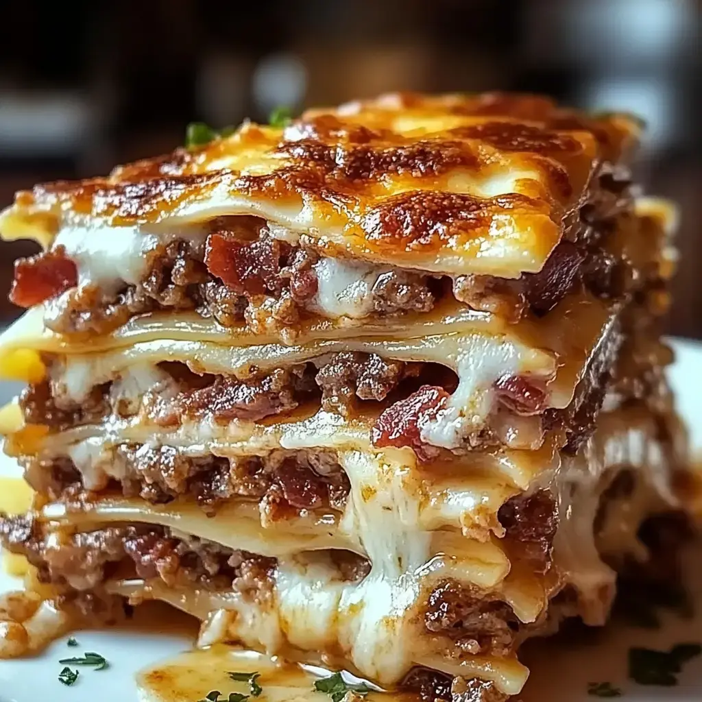 A hearty lasagna layered with meat, cheese, and pasta, topped with crispy bits and served on a plate.