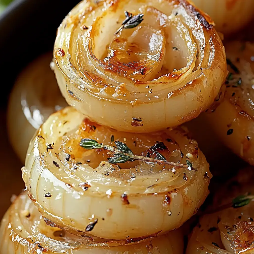 Close-up of golden, baked onion rings topped with fresh herbs.