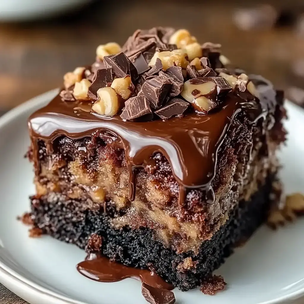 A richly layered dessert featuring melted chocolate, crushed chocolate bits, and walnuts on top, served on a white dish.