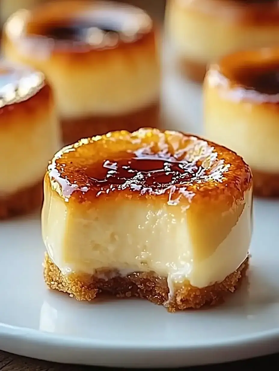 A close-up showing a mini cheesecake with a golden sugar crust and a bite taken out, resting on a white plate.