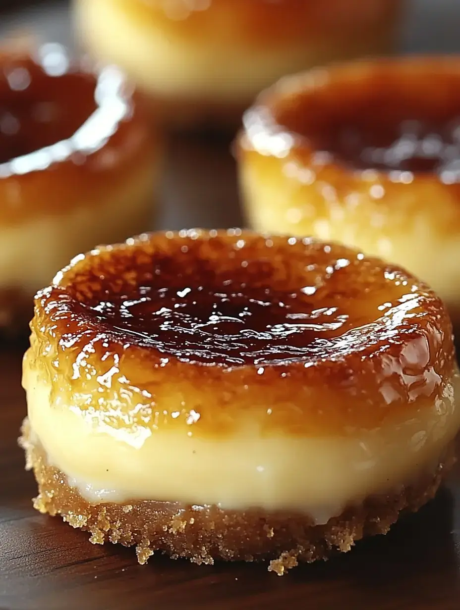 Mini cheesecake topped with caramelized sugar sitting on a wooden board, all up close so you see the crunchy crust.
