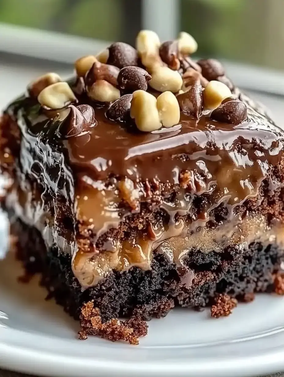 Layered chocolate cake slice topped with fudge and a sprinkle of chocolate and nuts.