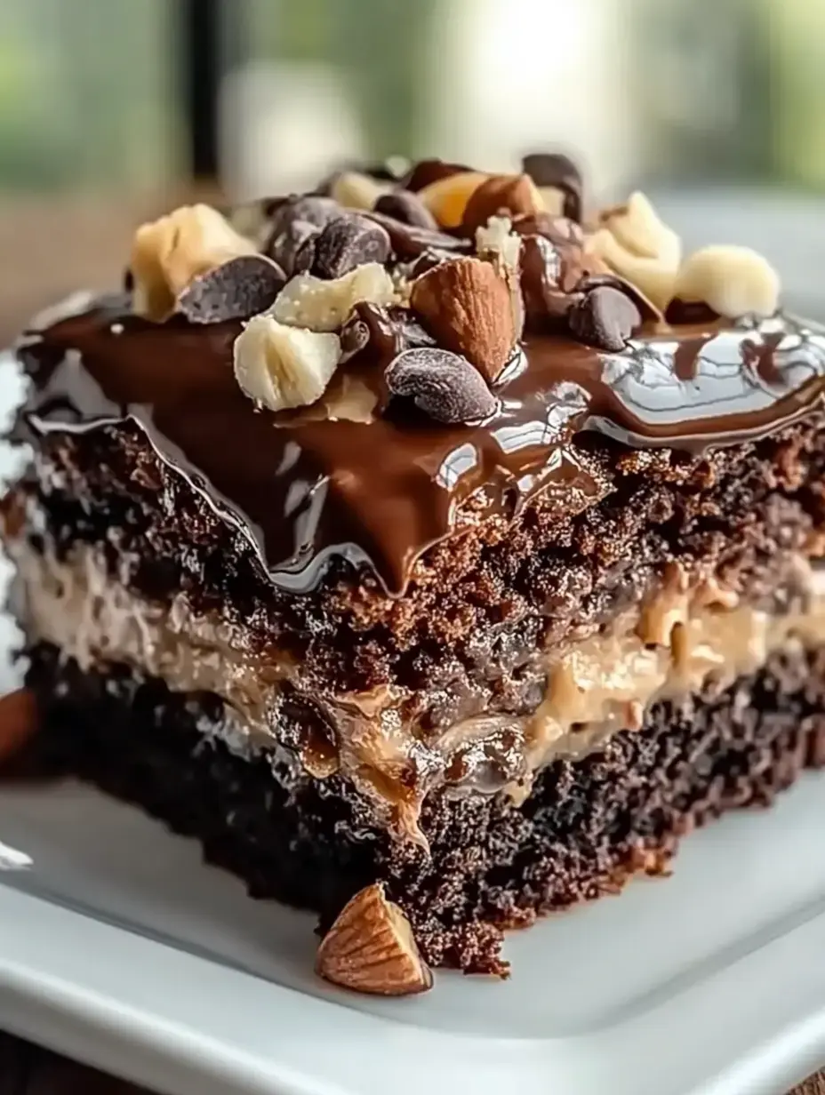 Chocolate cake slice with creamy frosting, nuts, and chocolate chips sitting on a white plate.