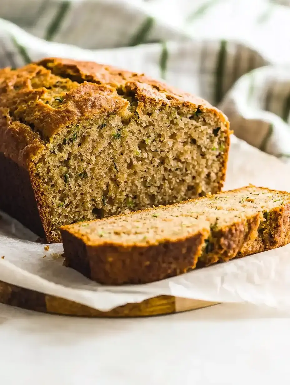 Freshly-baked zucchini bread, sliced and resting on baking paper atop a wooden board.