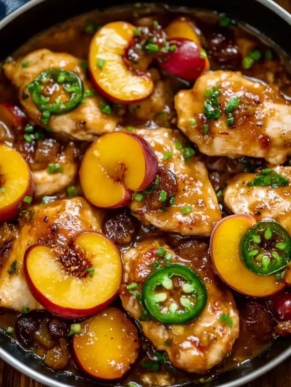 A close-up of sautéed chicken pieces garnished with sliced peaches, jalapeños, and green onions in a savory sauce.