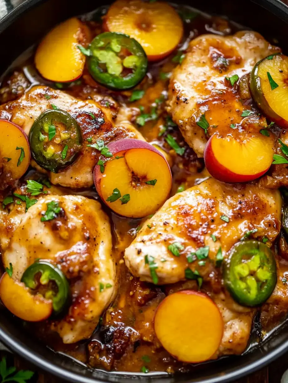 A flavorful dish featuring cooked chicken breasts topped with sliced peaches, jalapeños, and fresh herbs in a savory sauce.