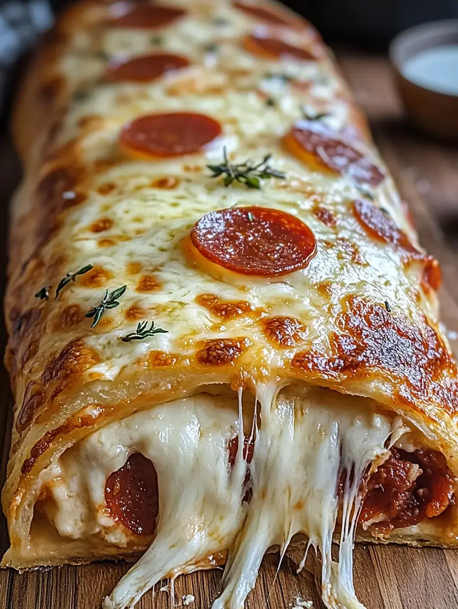 A hot, cheesy pepperoni stromboli rolled up and sliced, melty cheese and herbs spilling out on a wood board.