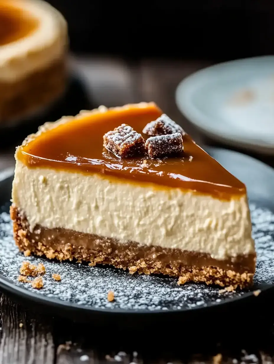 A wedge of cheesecake topped with caramel, cookie bits, and powdered sugar sits on a dark plate.