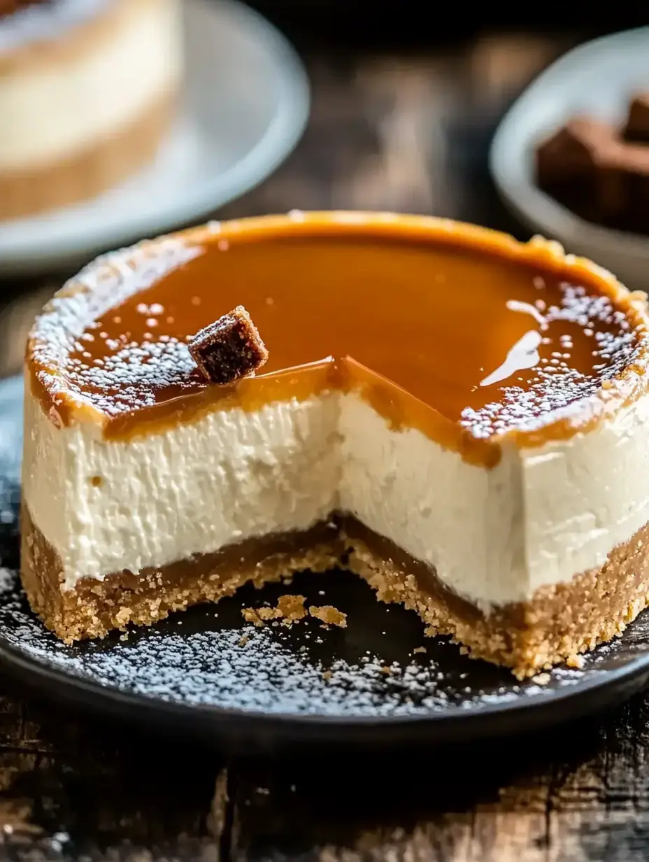 Thick creamy cheesecake with caramel and a chunk of chocolate on top, sliced and layered beautifully on a dark plate.