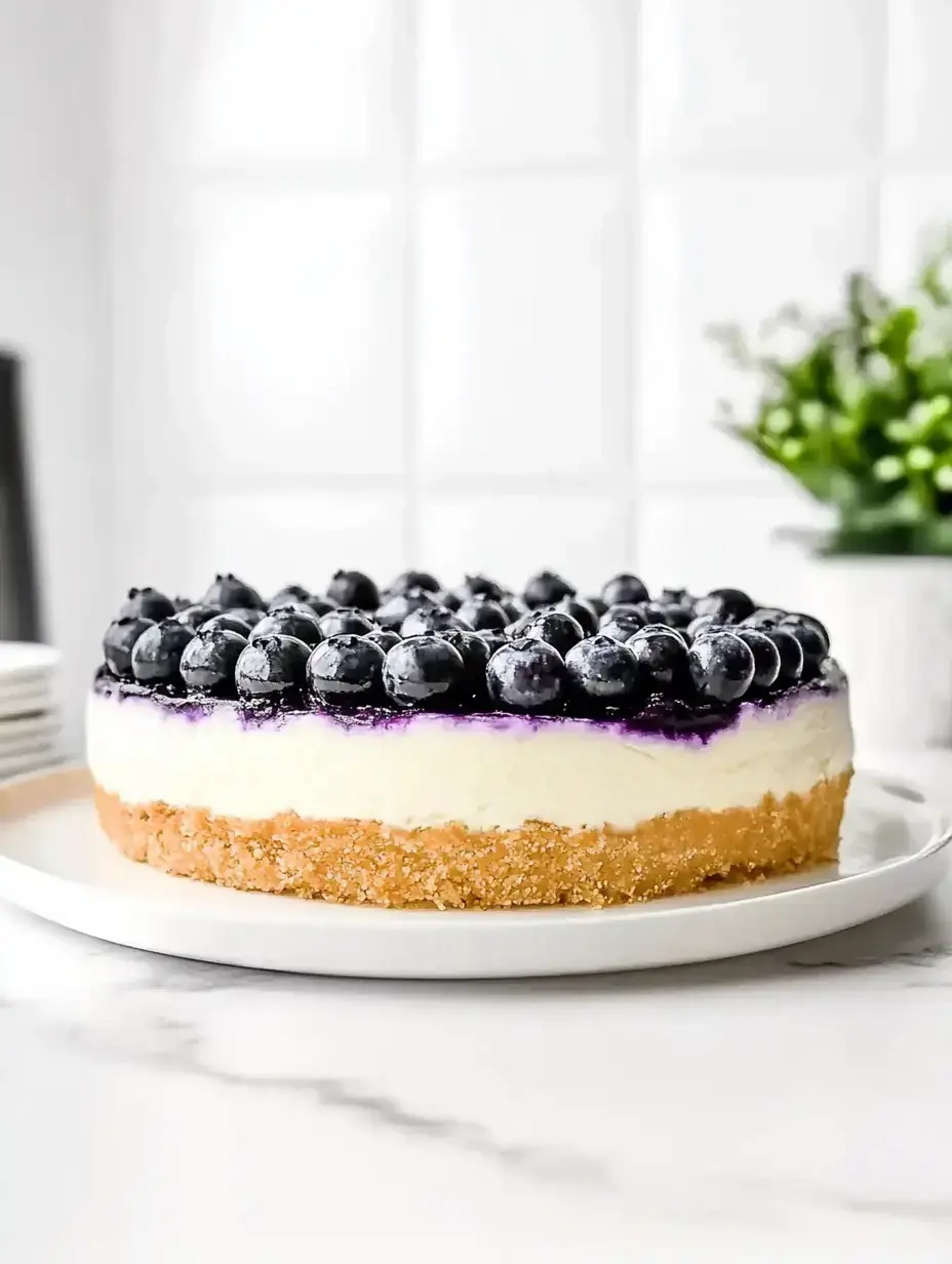 Cheesecake with a creamy center, a thick blueberry topping, all on a golden crumb crust.