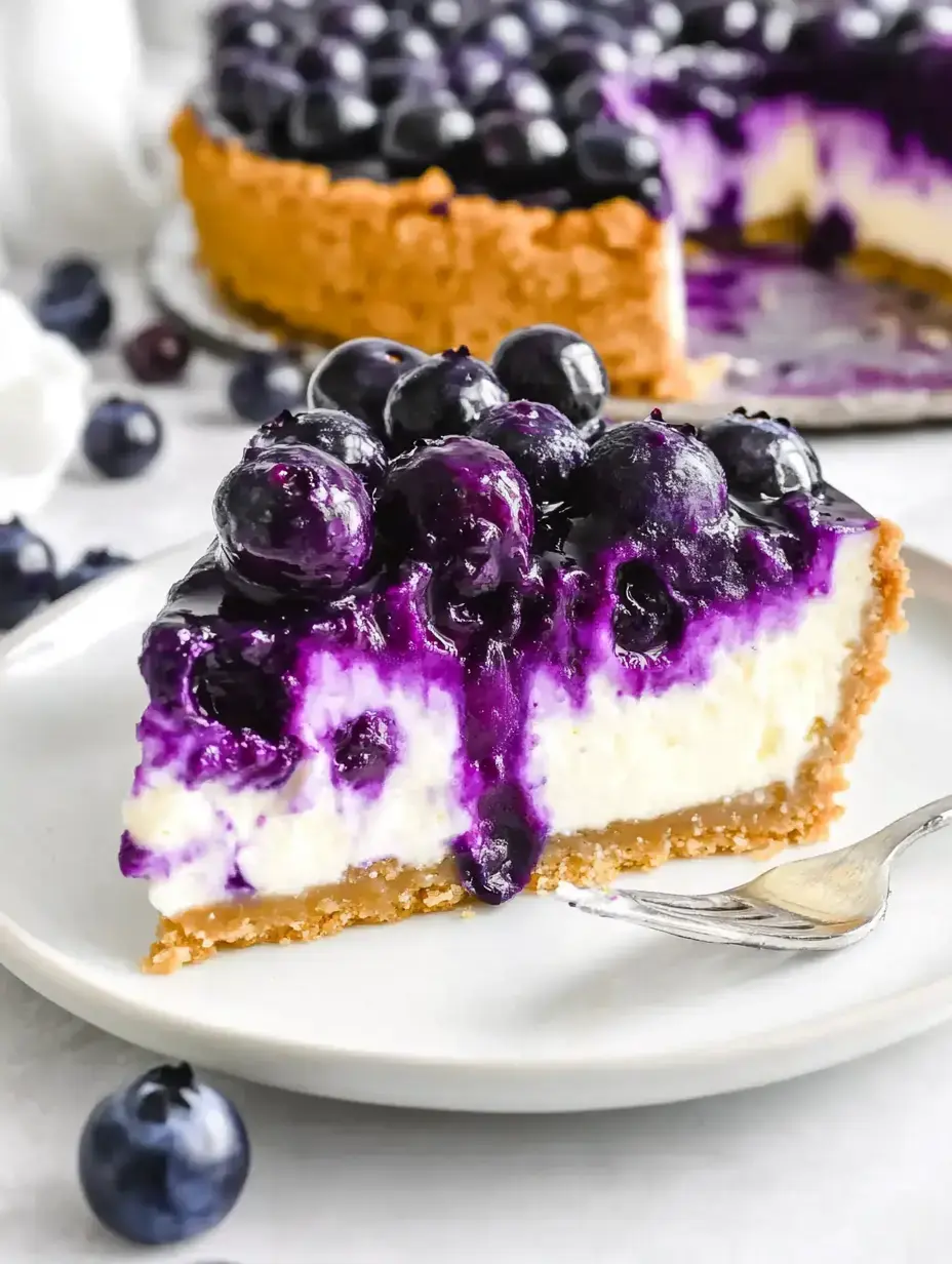 A golden-crusted cheesecake slice, loaded with shiny blueberries and purple sauce, on a white plate.