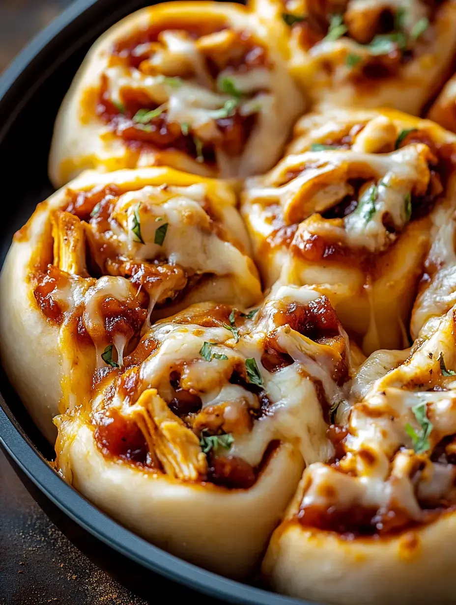 A zoomed-in look at pillowy, cheese-packed rolls finished with chicken and marinara, sprinkled with fresh herbs, all cozied together in a dark pan.