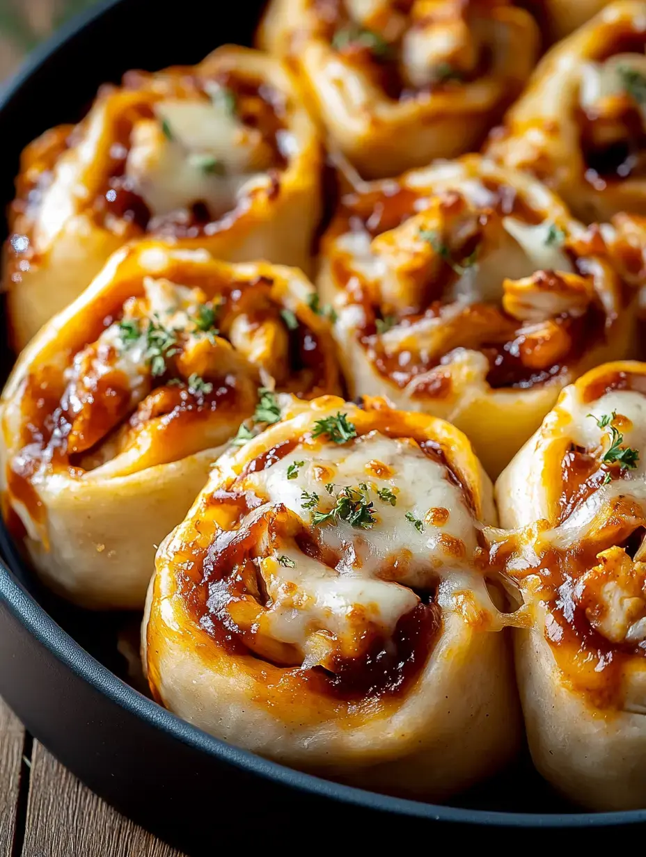 Zoomed-in shot of cheesy, swirled pastries finished with BBQ sauce and green herbs, all arranged together in a dark baking pan.