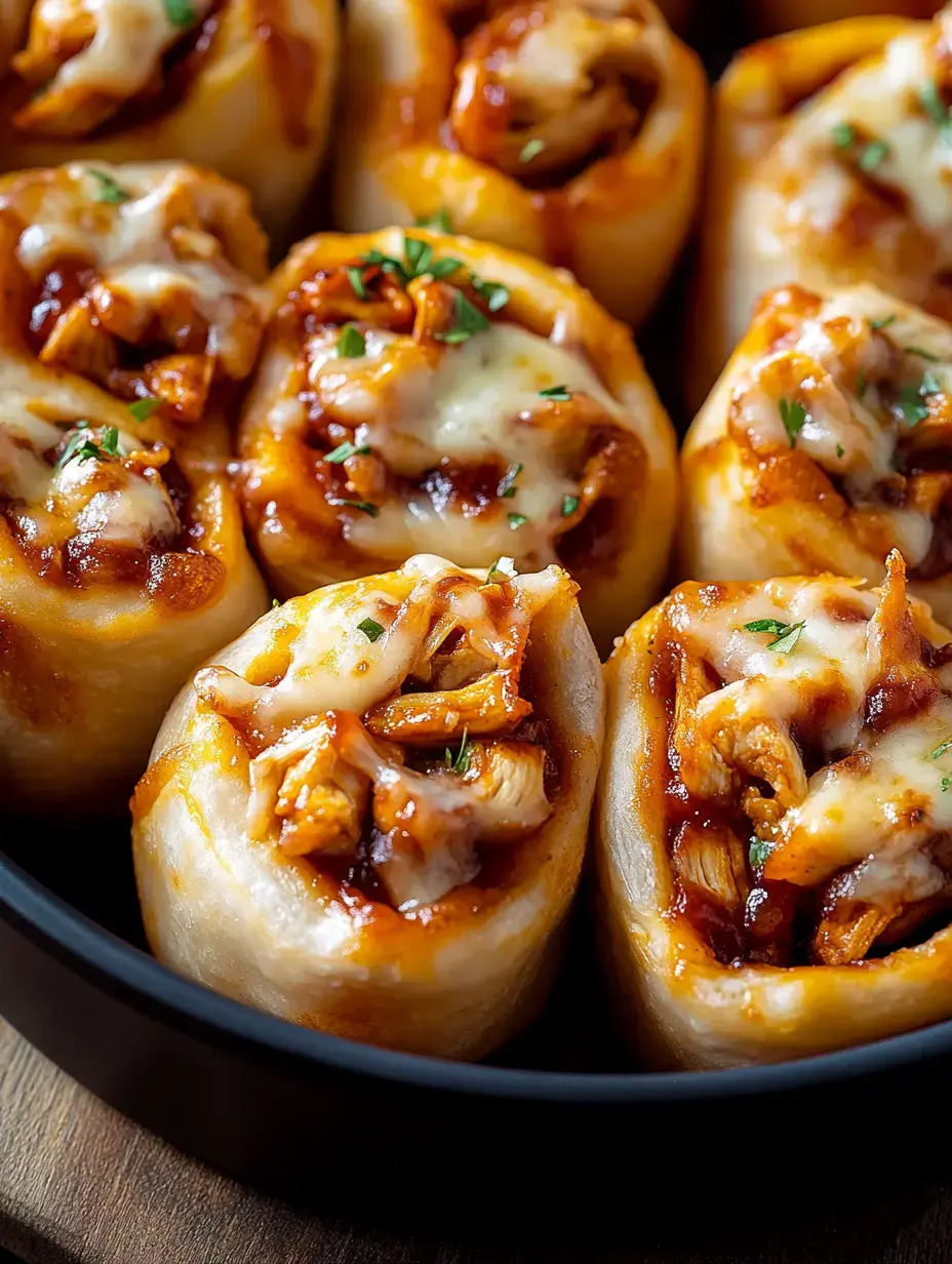 Super close view of fluffy rolls stuffed with chicken, sauce, and bubbling cheese, finished with chopped fresh herbs.