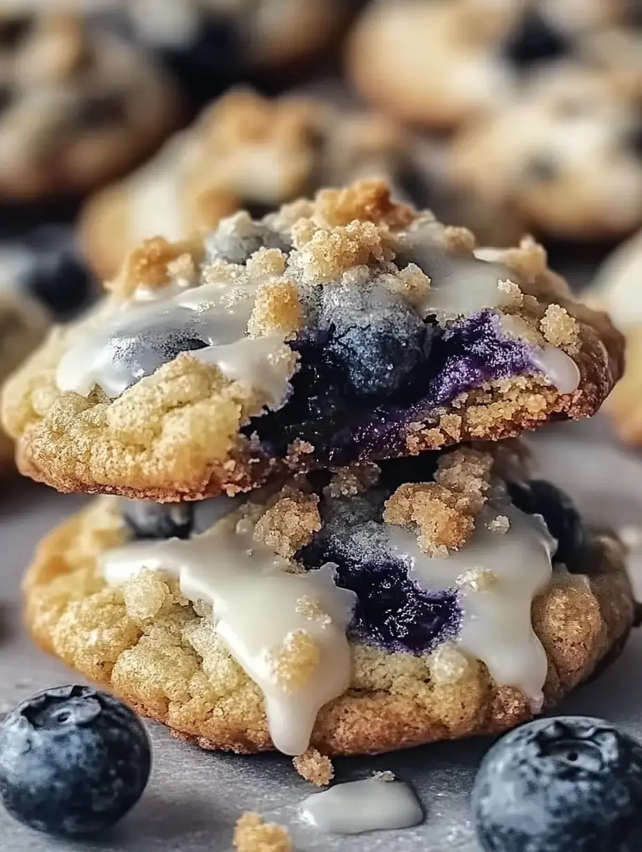 Blueberry-filled cookies up close, a broken cookie showing sticky berries inside, finished with icing and a crumbly topping.