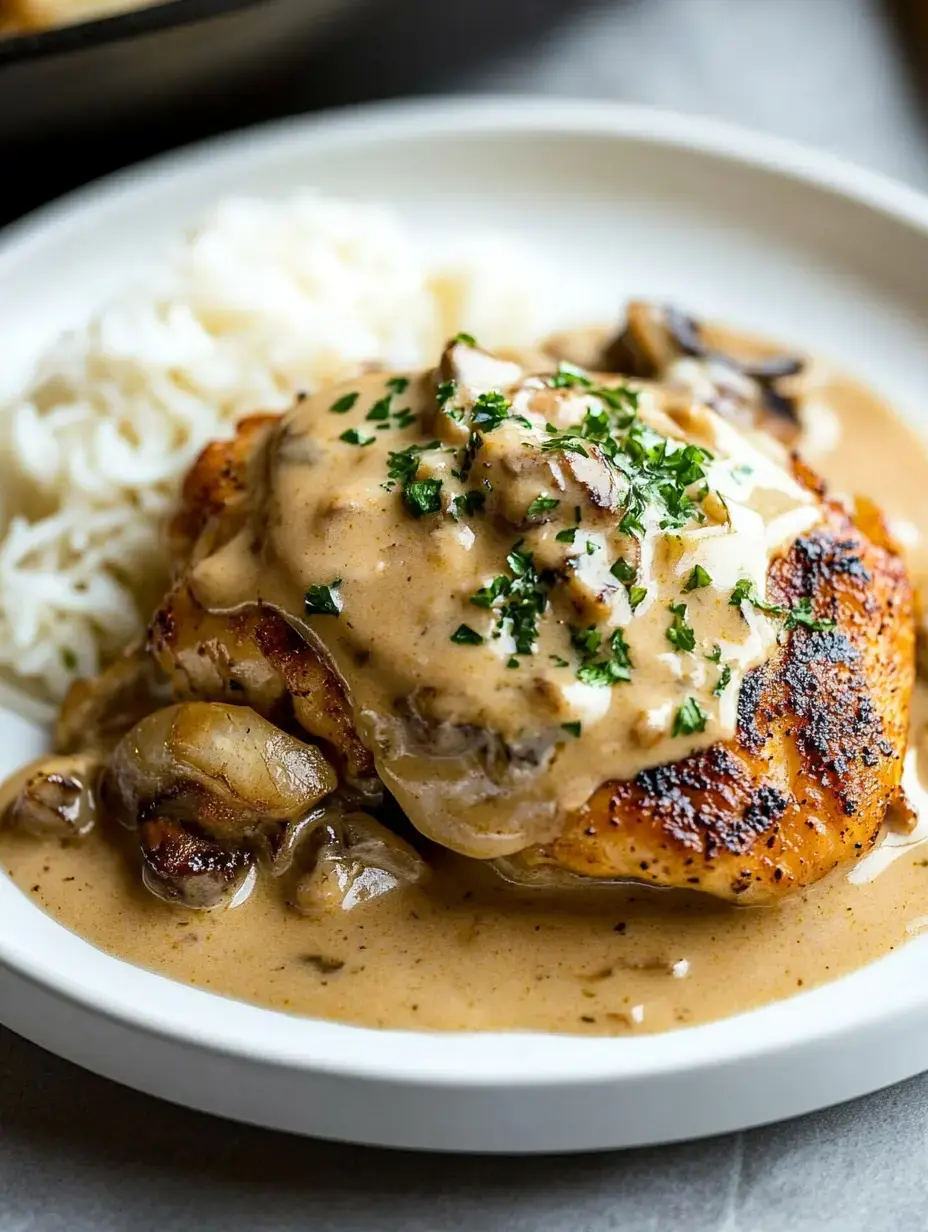 Grilled chicken smothered in creamy mushroom sauce next to fluffy white rice, topped with fresh parsley.