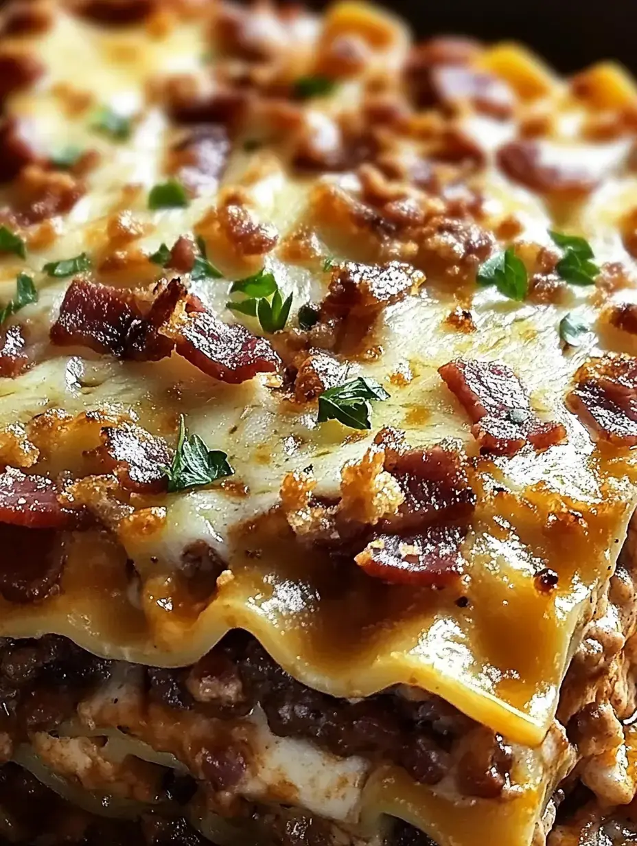 A close-up image of a delicious layered lasagna topped with crispy bacon bits and garnished with fresh parsley.