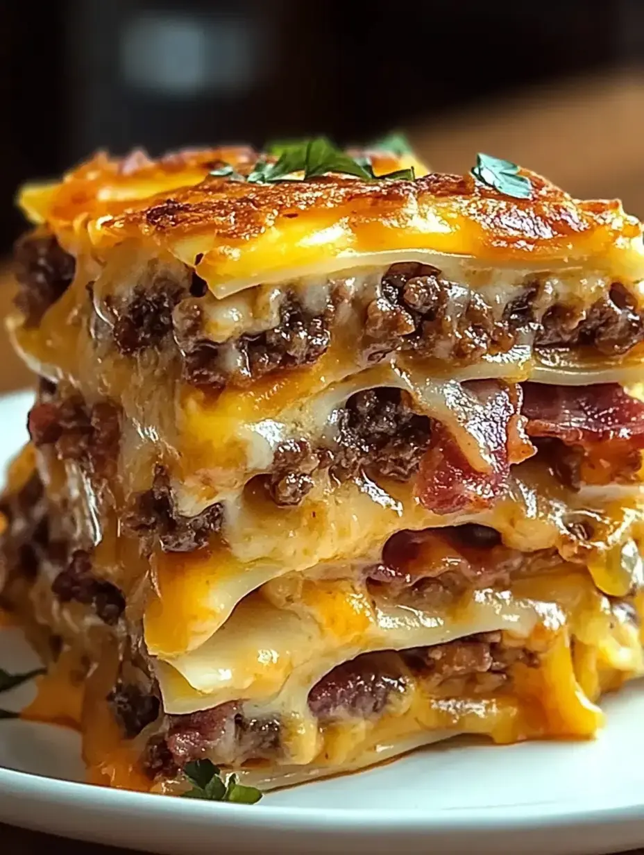 A close-up image of a layered lasagna topped with melted cheese and garnished with herbs on a white plate.