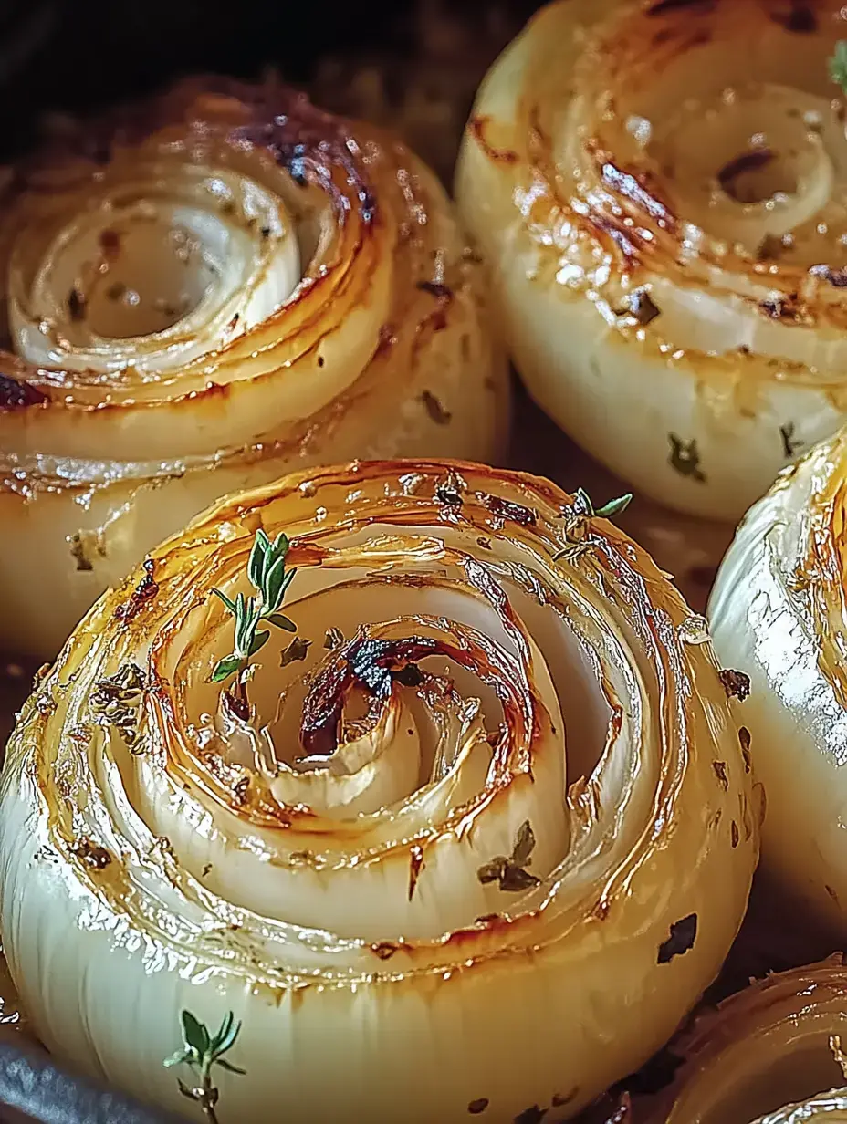 A tight view of roasted onions swirled beautifully and topped with fresh herbs.