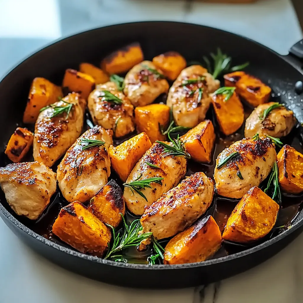 Chicken cooked with Sweet Potatoes in a Skillet