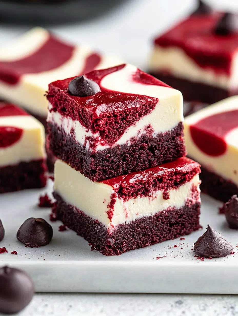 Red Velvet Cheesecake Brownies bars with swirls