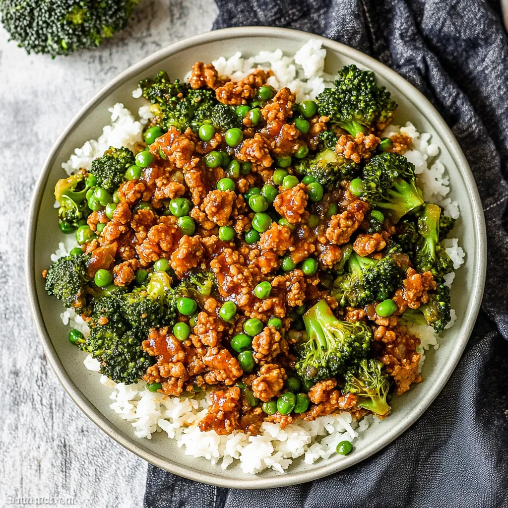 Ground turkey with peas and broccoli in teriyaki sauce
