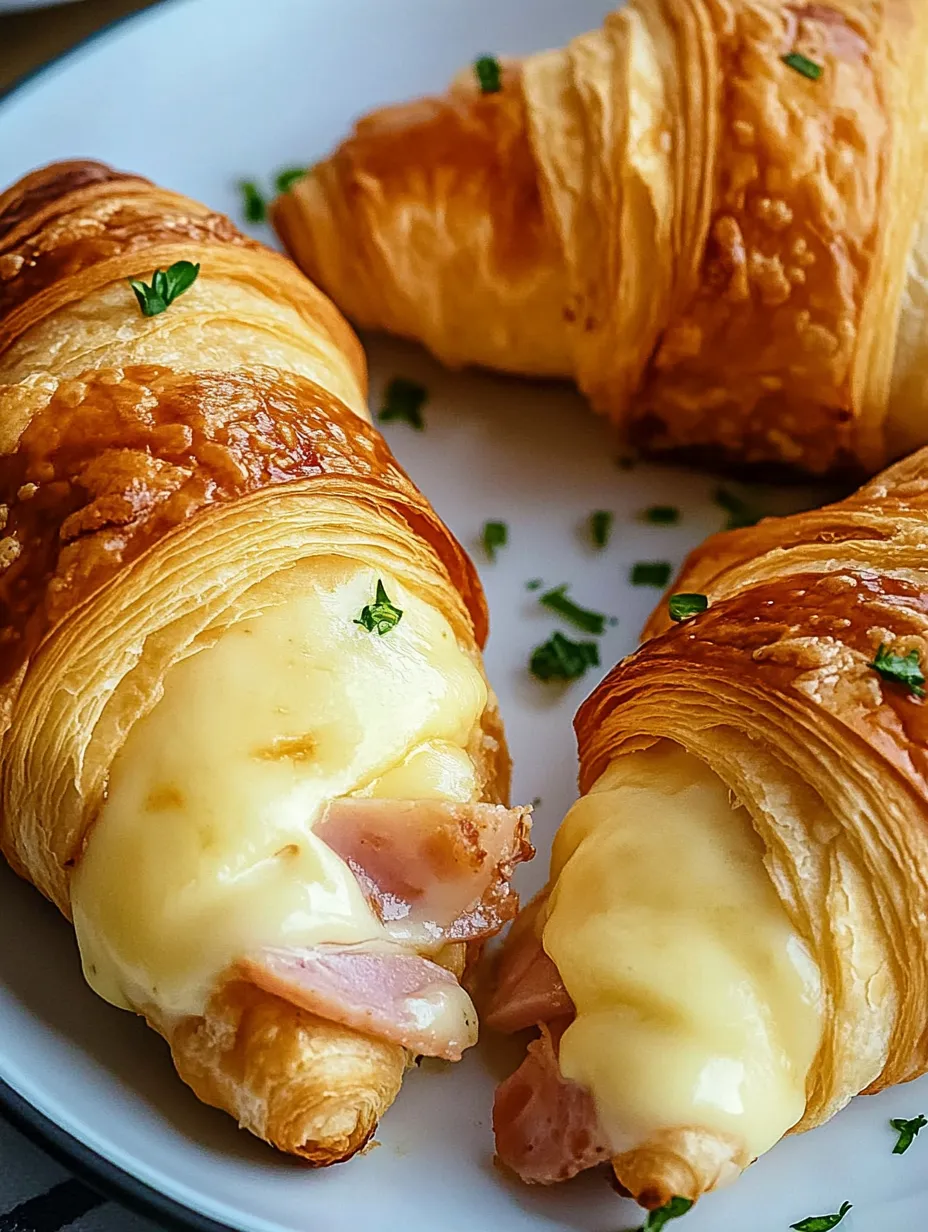 Golden brown croissants stuffed with ham and melted cheese inside an air fryer basket