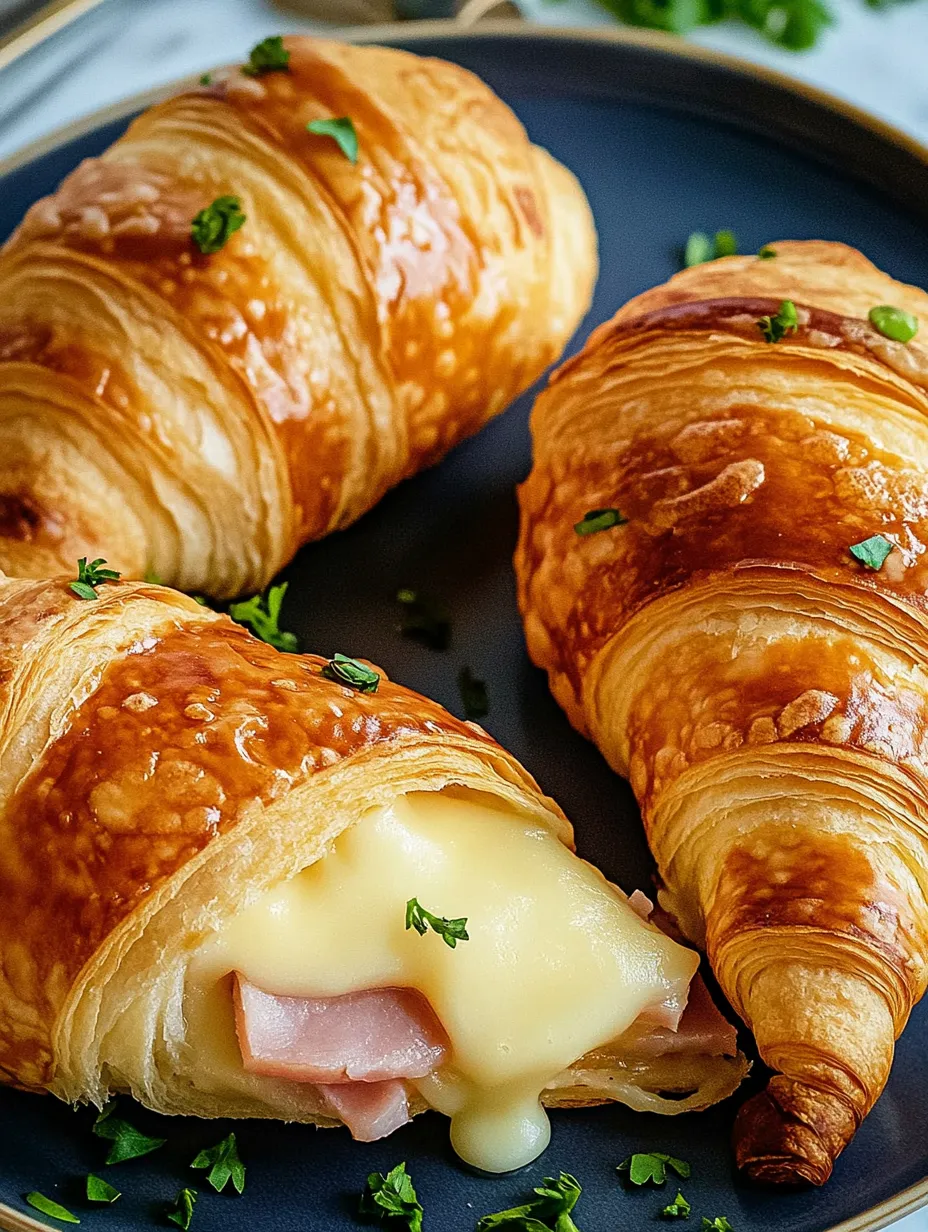 Ham and melty cheese inside sliced air fryer croissants on a cutting board