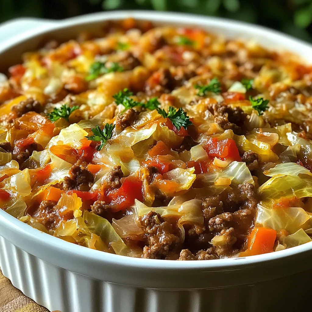 Cabbage Beef Bake in a dish with melted cheese