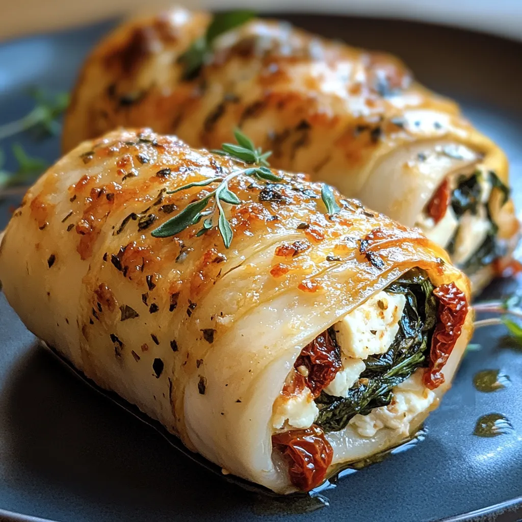 Rolled chicken stuffed with feta, spinach, sun-dried tomatoes