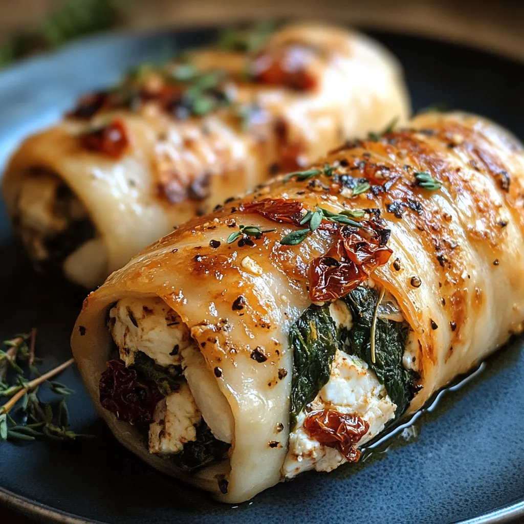 Stuffed chicken roll with spinach, feta, and sun-dried tomatoes on a platter