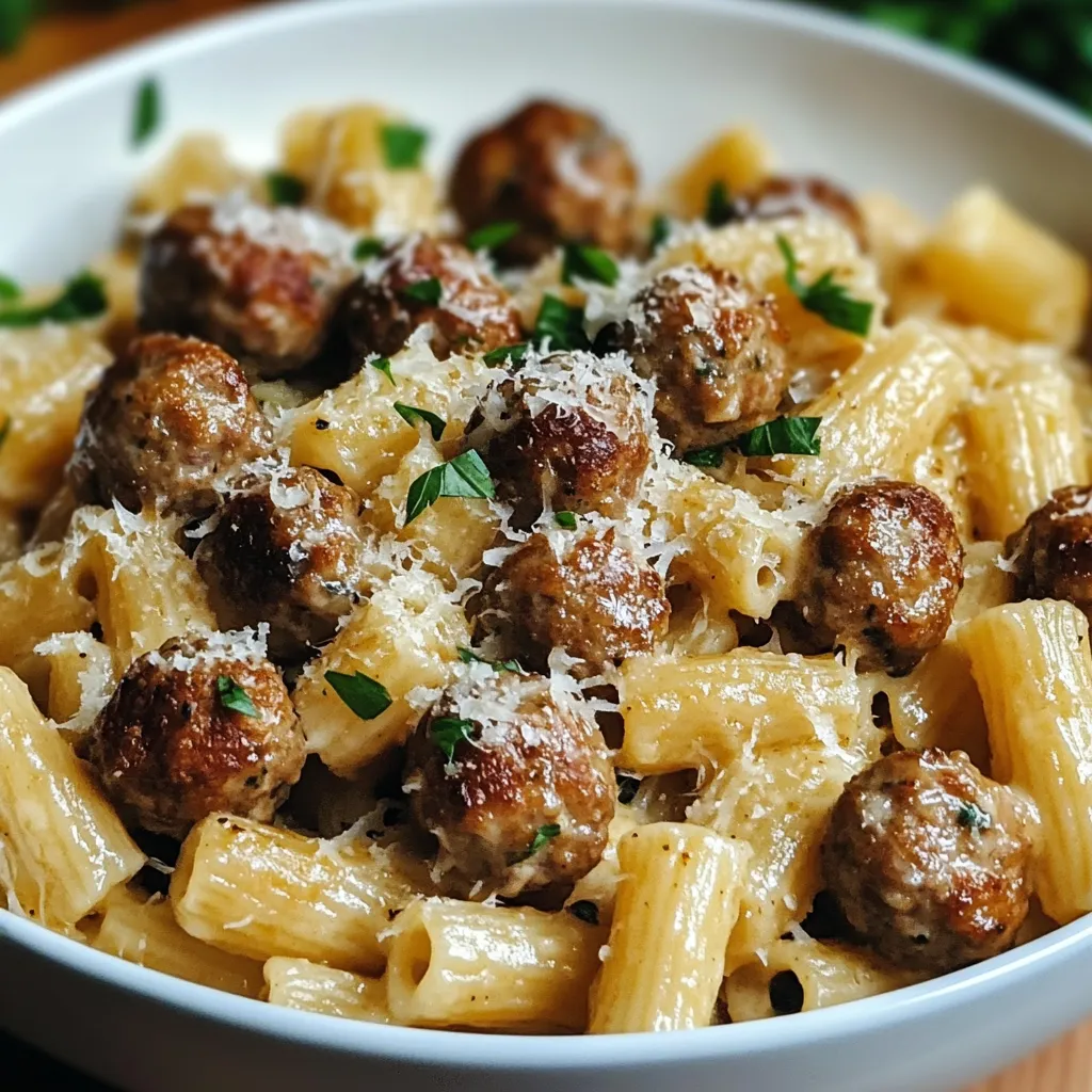 Simple Garlic Butter Sausage Bites Over Creamy Parmesan Pasta